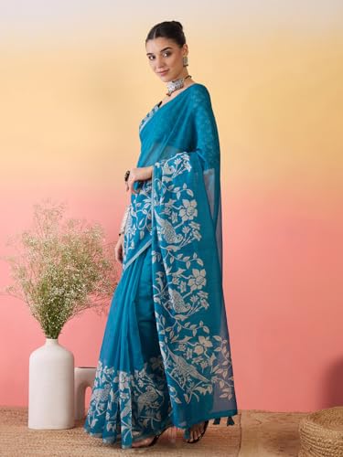 Image of AKHILAM Women's Cotton Printed Saree With Unstitched Blouse Piece