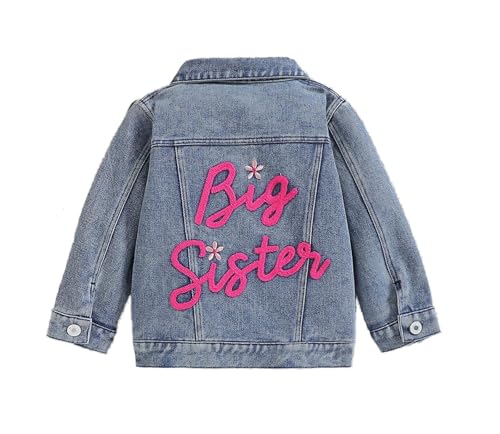 HYYSXBW Toddler Baby Girl Jacket Lil Big Sister Letter Embroidery Jean Long Sleeve Cardigan Button Denim Coat