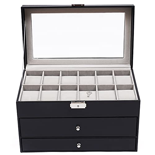 YOHIKOKIU Caja para relojes de 3 niveles, caja para gafas, 12 ranuras para reloj, 6 ranuras para gafas de sol, con cerradura, color negro, Negro Cover