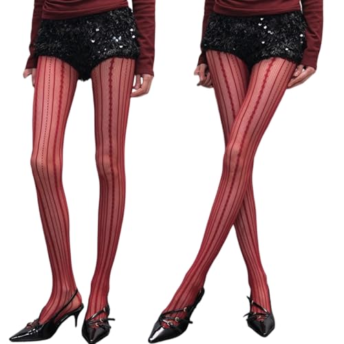 2Pcs Women’s Ultra Stretchable Fishnet Tights Vertical Striped Pantyhose Floral Lace Stockings Plus Size