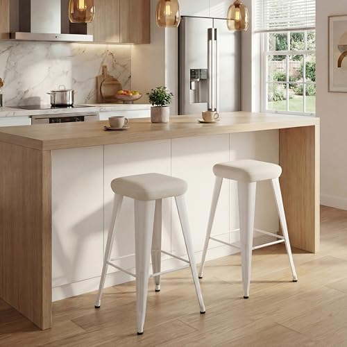 Image of Yongchuang White Bar Stools Set of 2, 30 inch Upholstered Bar Height Stools with Metal Legs PU Leather Modern Backless Kitchen Island Barstools