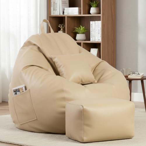Image of KAM'S LIEU 5XL Luxury Faux Leather Bean Bag with Footrest & Cushion | Pre-Filled High-Density Polystyrene Beans | Premium Leatherette | 6 Months Warranty Color- (Cream, with Footrest)