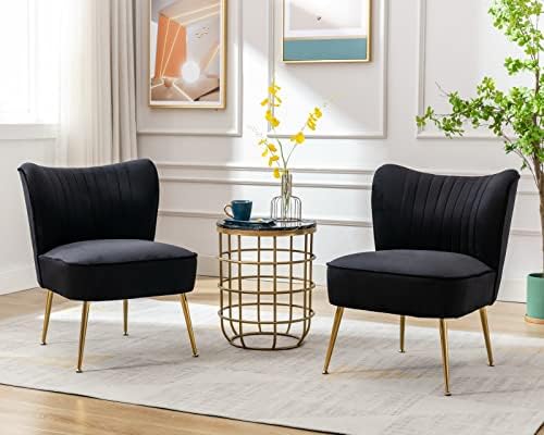 CIMOTA Velvet Black Accent Chairs Set of 2 Modern Armless Slipper Chair Wingback Single Sofa Side Chair Comfy Corner Chair with Golden Legs for Living Room Bedroom