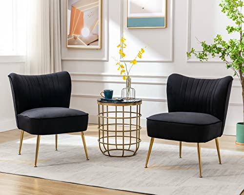 Cimota Velvet Black Accent Chairs Set Of 2 Modern Armless Slipper Chair Wingback Single Sofa Side Chair Comfy Corner Chair With Golden Legs For Living Room Bedroom #TOP2