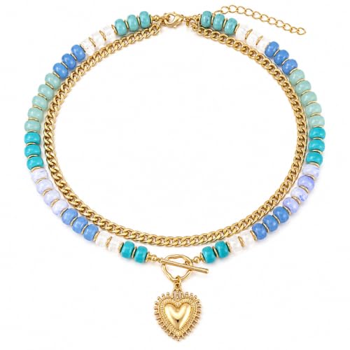 Layered Necklaces for Women, Gold Heart & Aqua Acrylic Beaded Choker