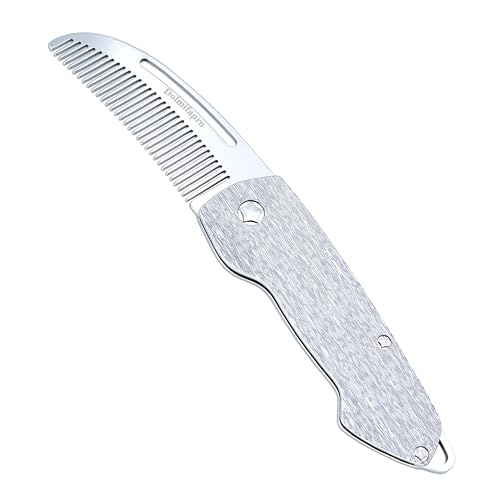 Dolmifapro Small Folding Mustache Comb Metal Beard Comb for men EDC Pocket Mini Portable Fits In Keychain Anti-Static (Wood Grain)