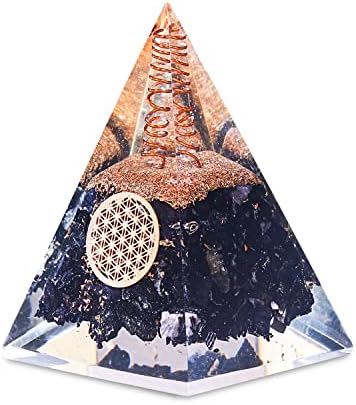 Black Tourmaline Crystal Orgone Pyramid Attract Energy - Healing Chakra Pyramid for Protection - Raw Clear Quartz Crystal Point Positive Energy Orgonite Pyramid - Abundance Empath Meditation