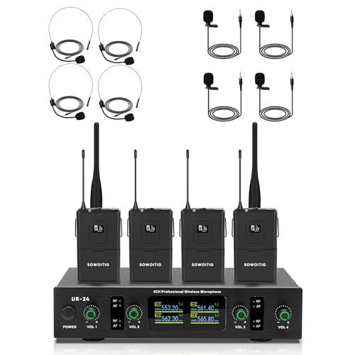 SOWOITIG Kabelloses Lavalier-Mikrofonsystem mit Headset- & Ansteckmikrofon, 4-Kanal UHF Funkmikrofon-Set mit Empfängern, 90 m Reichweite für Gesang, Kirche, Karaoke, Predigt, Hochzeit & Veranstaltung