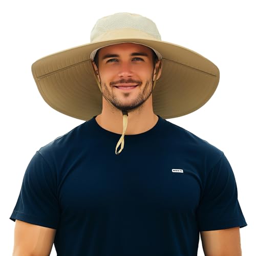 HLLMAN Men's Wide Brim Sun Hat-UPF 50+ Protection,Waterproof Bucket Hat for Fishing, Hiking, Camping,Breathable Nylon & Mesh Khaki