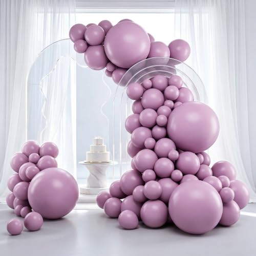 Image of RUBFAC Dusty Purple Balloons 129pcs Different Sizes Pack of 18 12 10 5 Inch, Latex Light Lavender Lilac Balloon Garland Arch Kit for Wedding Baby Shower Gender Reveal Birthday Party Decorations