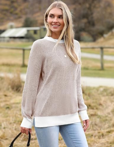 Image of Zeagoo Women 2026 Fall Lightweight Oversized Sweater Crew Neck Long Sleeve Color Block Pullover Rib Knit Blouse Tops XS-2XL
