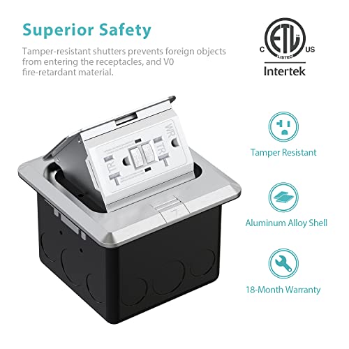 Webang Pop Up Floor Outlet Covers Box With 20 Amp Stainless Steel Gfci Tamper/Weather Resistant Receptacle Outlet, Etl Listed, 1 Pack, Silver #TOP1