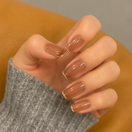 Image of 24 Pcs Reusable Artificial Nails Fake Nails with Glue and Kit|Cocoa Glass Jelly Finish Press On Nails | ABS Material UV Protected Long Lasting Finish |Medium Coffin Nails salon fresh look