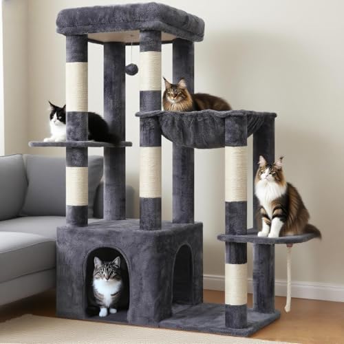 Heybly Heavy Duty Cat Tree, Tower for Indoor Cats large adult, Tall Cat Condo House with Extra-Large Baseboard, Multi-Level Plush Furniture with Scratching Posts, Hammock,Toy Balls, Smoky Grey HCT026G - Image 9