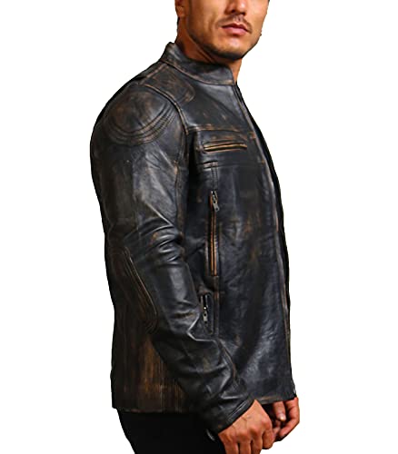 Men's Vintage Distressed Black Biker Jacket - Genuine Cowhide Leather Jacket With Distressed Finish (L) #TOP1