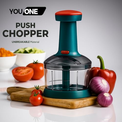 Image of YOUONE Push Chopper, 1000ml Capacity, Stainless Steel Blade, Transparent Container with Lock System, Green (Green Chopper 650 ML)