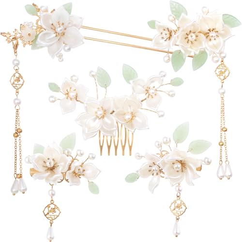 Mxxipp 5pcs Camellia Flower Tassels Hairpin, Vintage Chinese Hair Pins, Pearl Bun Updo Hair Accessories for Thin Thick Long Short Hair- White