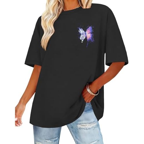 Womens Oversized T Shirts Loose Fit Graphic Tees Summer Casual Short Sleeve Tops Small Black Butterfly