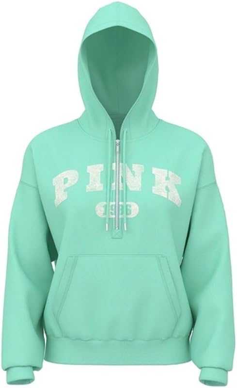 Victoria's Secret PinkI VY FLEECE CAMPUS HALF-ZIP HOODIE Mint Green MEDIUM