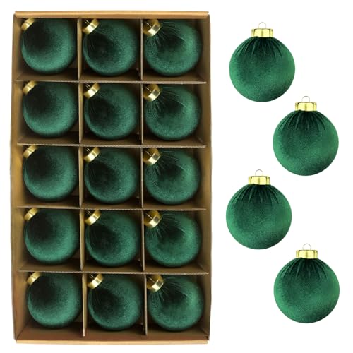 Green Velvet Balls Ornaments for Christmas Tree 15 PCS, 3.15 Inch Big Shatterproof Christmas Bulbs Ornaments Set-Decorative Hanging Baubles, Flocked Classic Decorations for Holiday(Emerald Green)