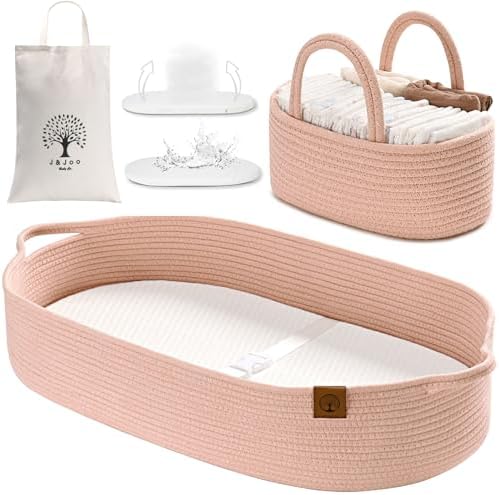 J&JOO Baby Changing Basket includes Diaper Caddy - Soft & Waterproof Dual-Cover, Portable, Changing Pad for Dresser & Changing Table, Gift for Baby Shower, Organic Cotton Rope