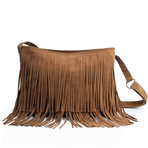 HOXIS Tassel Faux Suede Leather Hobo Cross Body Shoulder Bag Womens Sling Bag (Brown) by HOXIS - Used condition - US$26.01