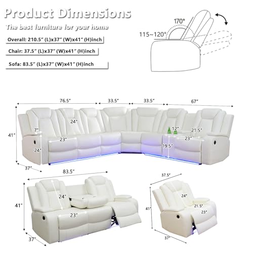 Image of Leather Power Recliner Sectional Sofa Set with LED Light,L Shaped Leather Sectional Couch Set with 5 Recliner Seats,Modular Couches with USB Ports for Living Room Furniture,Creamy White