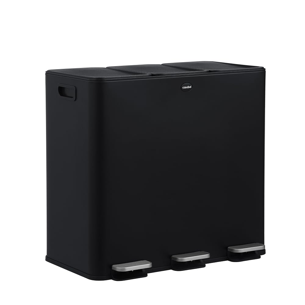 CASABEL Pattumiera Differenziata 3 Scomparti 3x20L, in Acciaio Inox Nero, Secchio Spazzatura - Pattumiera da Cucina per Riciclaggio Rettangolare a Pedale - Bidoni Differenziata da Interno