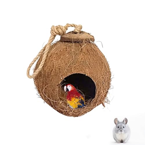 Gecko Coconut Husk Hut, Natural Coconut Shell Bird Nest Hanging Loop Reptile Hideouts Bird Hut Nesting House for Pet Parrot Leopard Gecko Reptiles