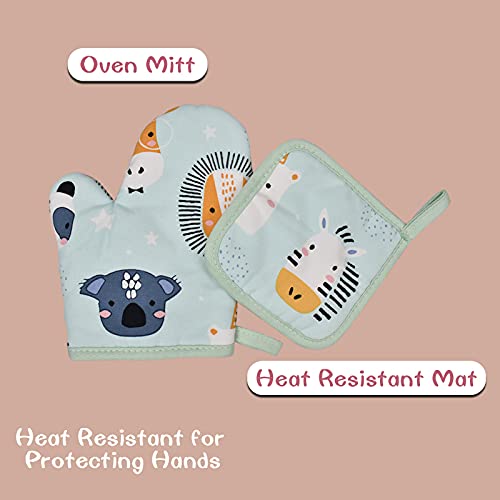 Pipoobear Kids Apron Cotton And Chef Hat Set With Oven Mitt And Hot Pad, Chef Outfit For Toddler Aged 3-5 Kitchen Dress Up, Blue Cute Kids Aprons Set With Pocket For Painting Cooking Baking Gardening #TOP7