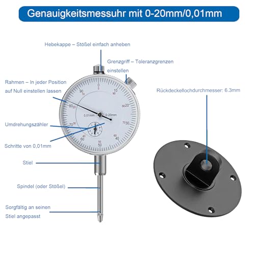 AccuGrapha Präzisions-Messuhr mit Magnetstativ, Mechanisch Messuhr 0-20mm Messbereich, 0,01mm Genauigkeit, Stahlbasis mit Zentralklemmung (80kg Haltekraft) – Ideal für Werkstatt & Industrie