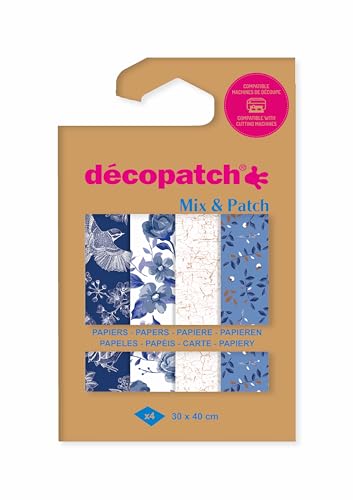 Décopatch DP031C – Una Bolsa de 4 Hojas decopatch – Tamaño: 30 x 40 cm – Papeles Impresos, Tonos de Azul – Mix & Patch – A Partir de 5 años, DIY, creación, renovación, Actividad Creativa