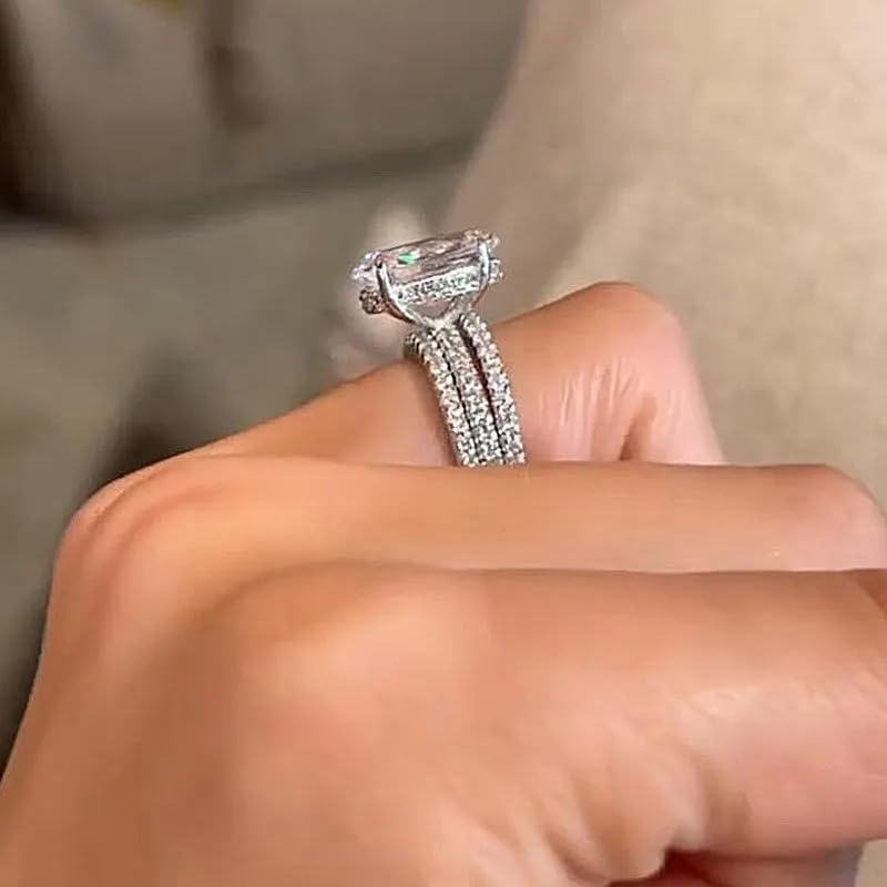 925 Silver Plated Fake Engagement Ring Promise Ring 3pcs Set Round Cut 3ct Halo Solitare Cubic Zirconia Engagement Ring for Women Fake Wedding Ring for Women's 7# - Image 3