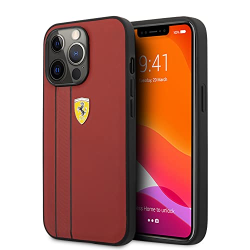 CG MOBILE Ferrari Phone Case for iPhone 13 Pro in Red with Two Black Lines, Real Leather Protective & Durable Case with Easy Snap-on, Shock Absorption & Signature Logo