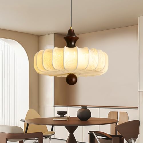 lamp Boho Light Large Silk Fabric Flower Pendant Lighting Fixtures Farmhouse Coastal Chandelier Antique Wood Mid Century Hanging Ceiling Lamp for Bedroom Kitchen Island Dining Room - Image 2