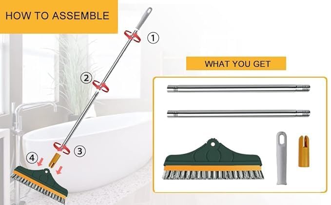 Image of 2 in 1 Toilet Bathroom Cleaning Brush with Wiper and Long Handle - 180 Rotate Floor Scrub Brush for Tiles, Home Kitchen Bathroom Accessories