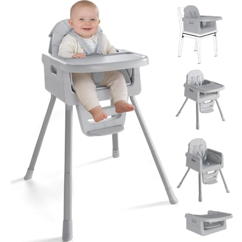 Image of Baby High Chair for 6 Months+, Foldable High Chairs for Babies and Toddlers, Convertible High Chair, Adjustable Tray & Footrest, Portable High Chair & Easy to Clean(Gray)