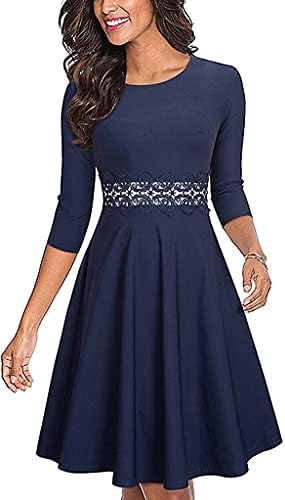 HOMEYEE Women's 3/4 Sleeves Cocktail A-Line Embroidery Party Autumn Winter Wedding Guest Dress A079(8,Dark Blue-3/4 Sleeve)