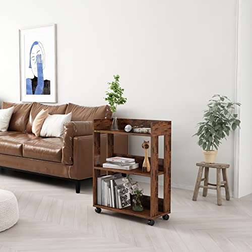 Min Win 3 Tier Open Bookshelf,Small Bookshelves Storage Display Shelf With Universal Wheels,Movable Standing Shelf Units,Wood Storage Rack For Small Spaces Home Office Bookcases Book Shelves,Antique #TOP3