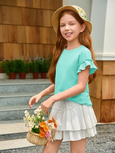 Image of Haloumoning Girls Ruffle Short Sleeve T Shirts Kids Summer Crewneck Tops Cute Tees Blouse 5-14 Years
