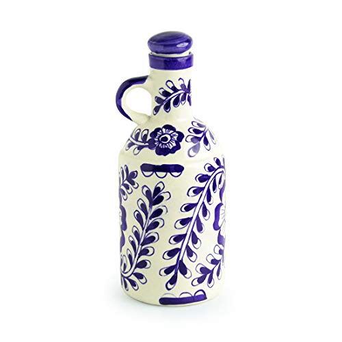 Image of ExclusiveLane The 'Flowy Flora' Mughal Hand-Painted Ink Blue Decorative Ceramic Oil Bottle (1000 Ml) -Cooking Oil Dispenser Containers Vinegar Oil Dropper Can Handled Nozzle Oil Pot Stoppers & Pourers