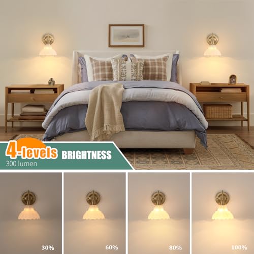 Image of Shenmoyl Battery Operated Wall Sconce Set of 2, Vintage Rechargeable Wall Lights with White Lily Glass Shade, Wireless Indoor Wall Lamp for Bedroom Living Room Bathroom