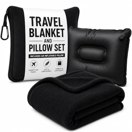 Image of Dot&Dot Twist Memory Foam Travel Pillow for Airplanes - Travel Neck Pillow for Sleeping - Airplane Pillow for Neck Support - Adjustable, Bendable Neck Roll Pillow (Black, w /Blanket)
