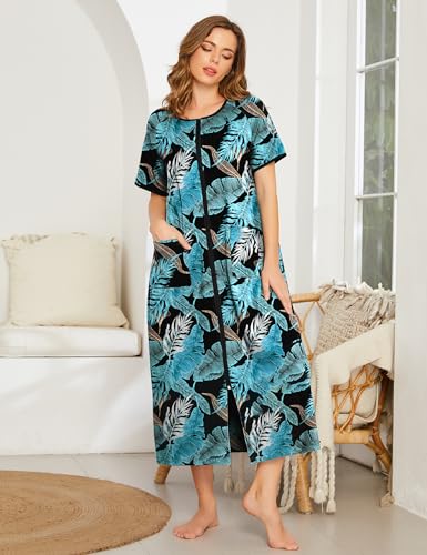 Image of Ekouaer Women Robe Zipper Short Sleeves Full Length House Coat with Pockets