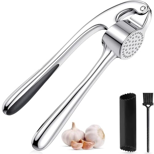 Utensilios De Cocina, Kitchen SOZOMO 3 PCS Prensa de Ajo,Triturador de Ajo o Jengibre,Exprimidor de Ajos,con Pelador de Ajo de Silicona y Cepillo de Limpieza,Mango Ergonómico Fácil de...