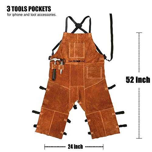 QeeLink Leather Welding Apron Split Leg for Men - Spark Flame Heat Resistant Bib Protective Chaps - Heavy Duty Cowhide Pants