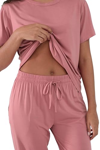 Image of Joyaria Women's Bamboo Viscose Cooling Pajamas Short Sleeve Crewneck Top & Jogger Pajama Pants with Pocket S-XXL