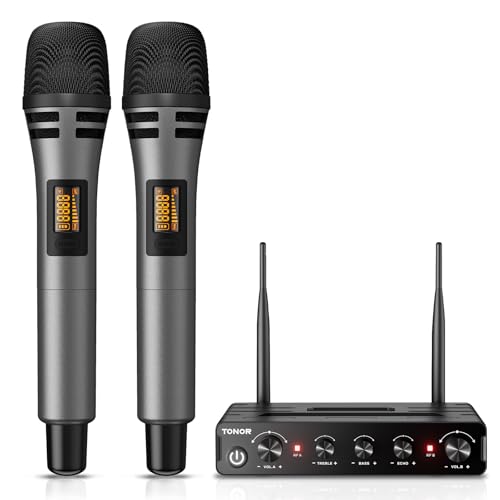 TONOR Micro Karaoke sans Fil, UHF Microphone Systèmes Dynamique Chant Portable à Main Double avec Récepteur pour Karaoké/Fête/Discours/Mariage/DJ...