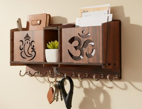Image of Premium Wooden Wall Mounted Key Holder with 3 Organizer Slots for Home & Office | Laser-Cut Ganesha & Om Design Key Stand for Wall | Decorative Mail & Mobile Holder with 8 Sturdy Metal Hooks