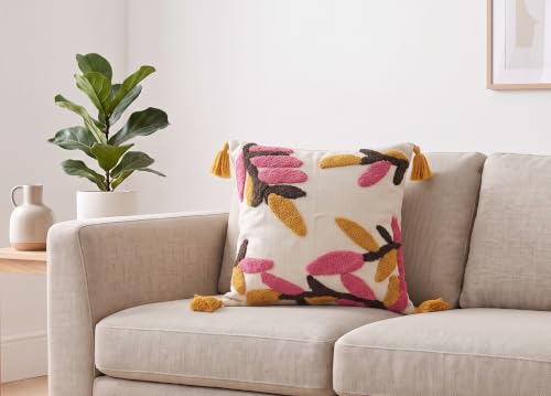 Image of Furnistitchs Handmade Cotton Bohemian Home Decor Cushion Cover 24x24 inches / 60x60 cms - Boho Chic Couch Sofa Throw Living Room Bedroom Cushions (2, Pink Leaves)